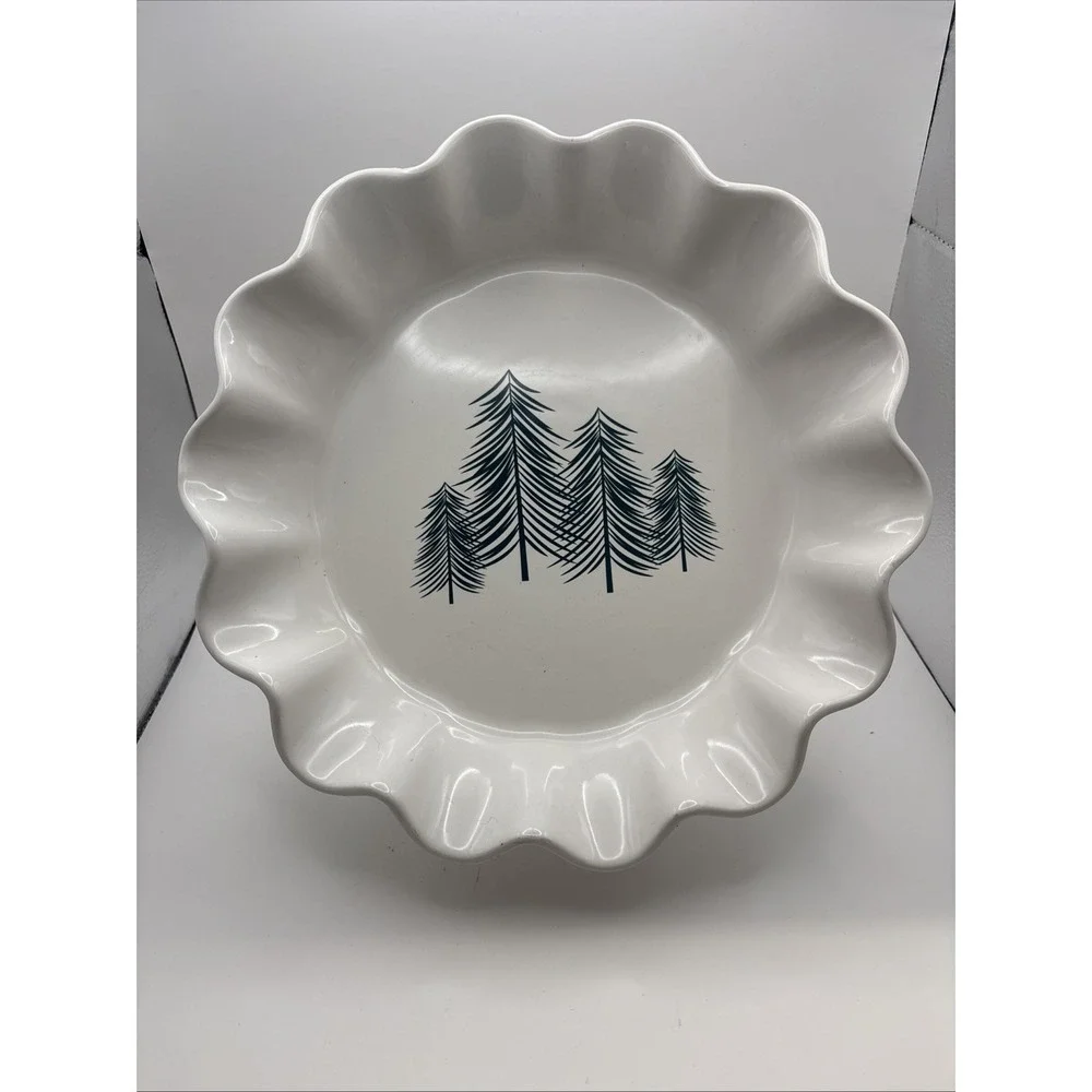 Crofton~2021~Ceramic Pie Dish Ruffled Edge~White w Green Pine Tree Design~Aldi